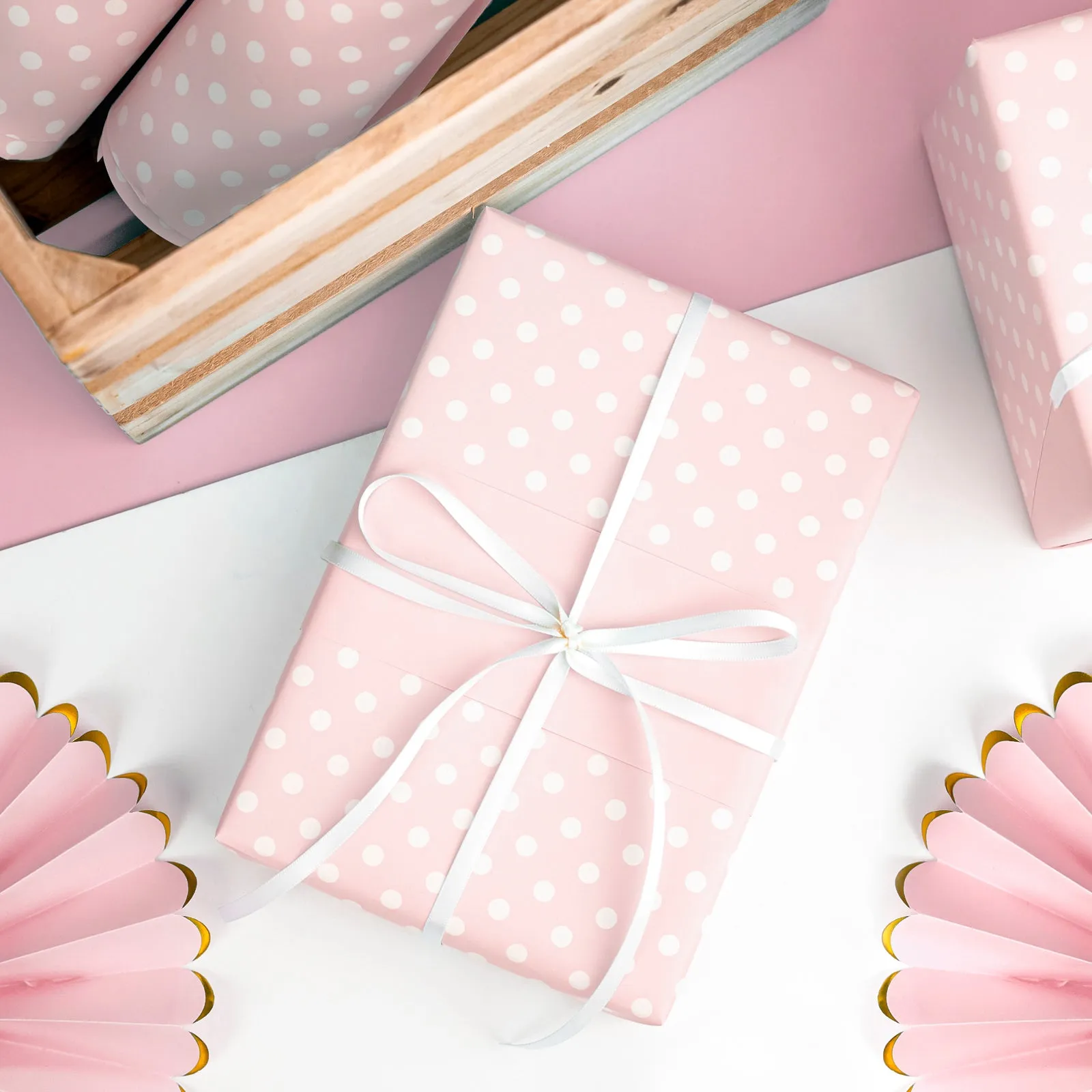 Baby Pink Polka Dot Wrapping Paper with Pink Color on Reverse