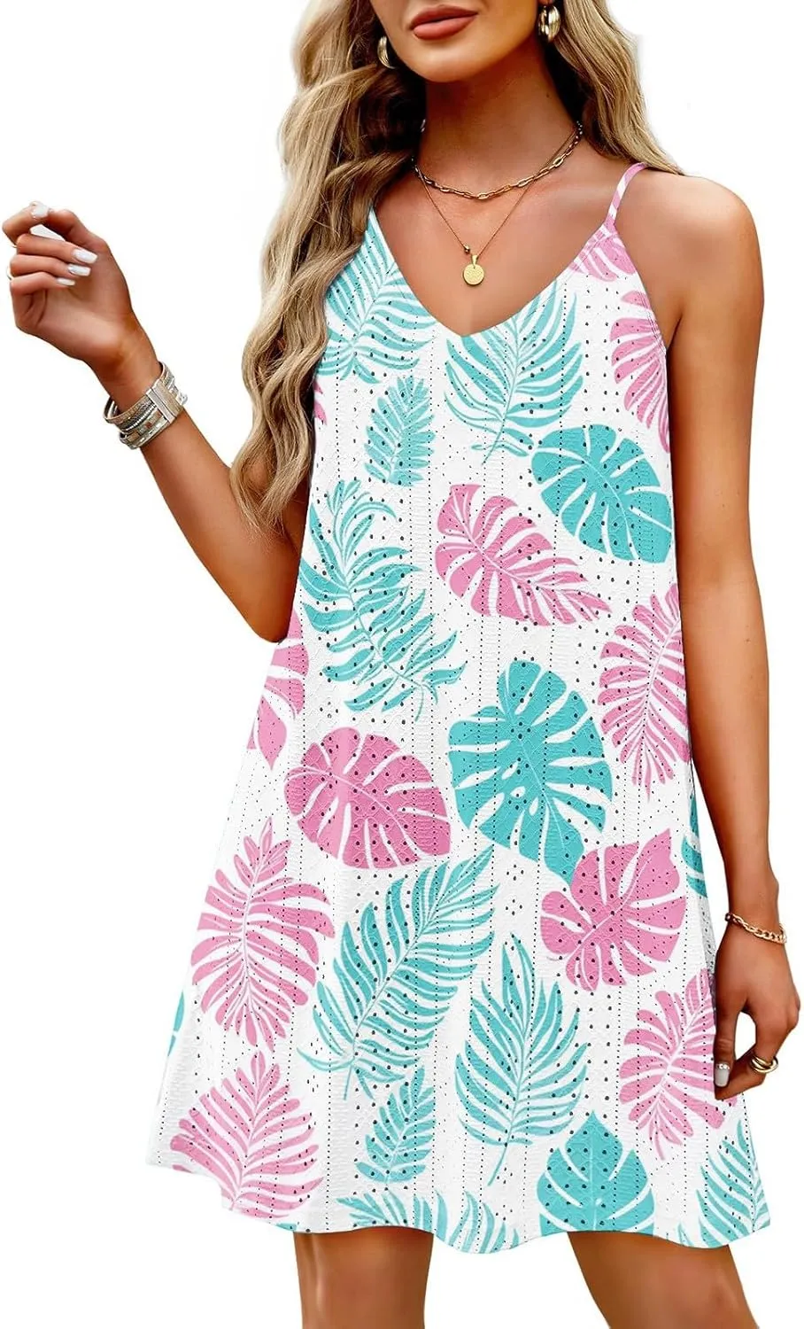 Beach Vacation Clothes for Women 2025 Trendy V Neck Eyelet Dress Sleeveless Floral Sun Dress Beach Cover Up Dress
