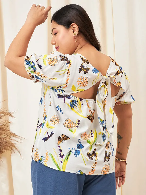 Berrylush Curve Women White & Multicolour Nature Printed Round Neck Cutout Tie-Up Back Regular Top