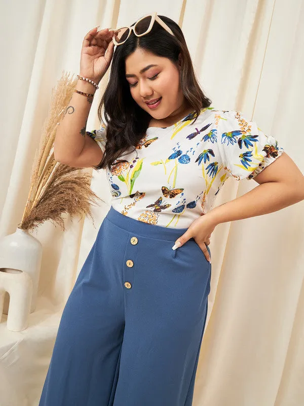Berrylush Curve Women White & Multicolour Nature Printed Round Neck Cutout Tie-Up Back Regular Top