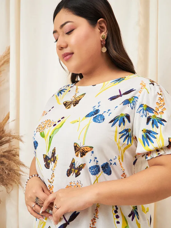 Berrylush Curve Women White & Multicolour Nature Printed Round Neck Cutout Tie-Up Back Regular Top