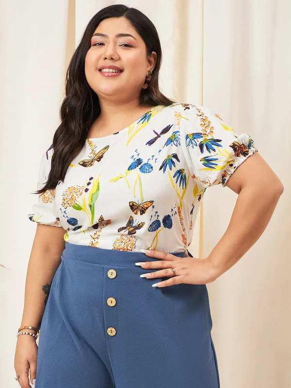 Berrylush Curve Women White & Multicolour Nature Printed Round Neck Cutout Tie-Up Back Regular Top