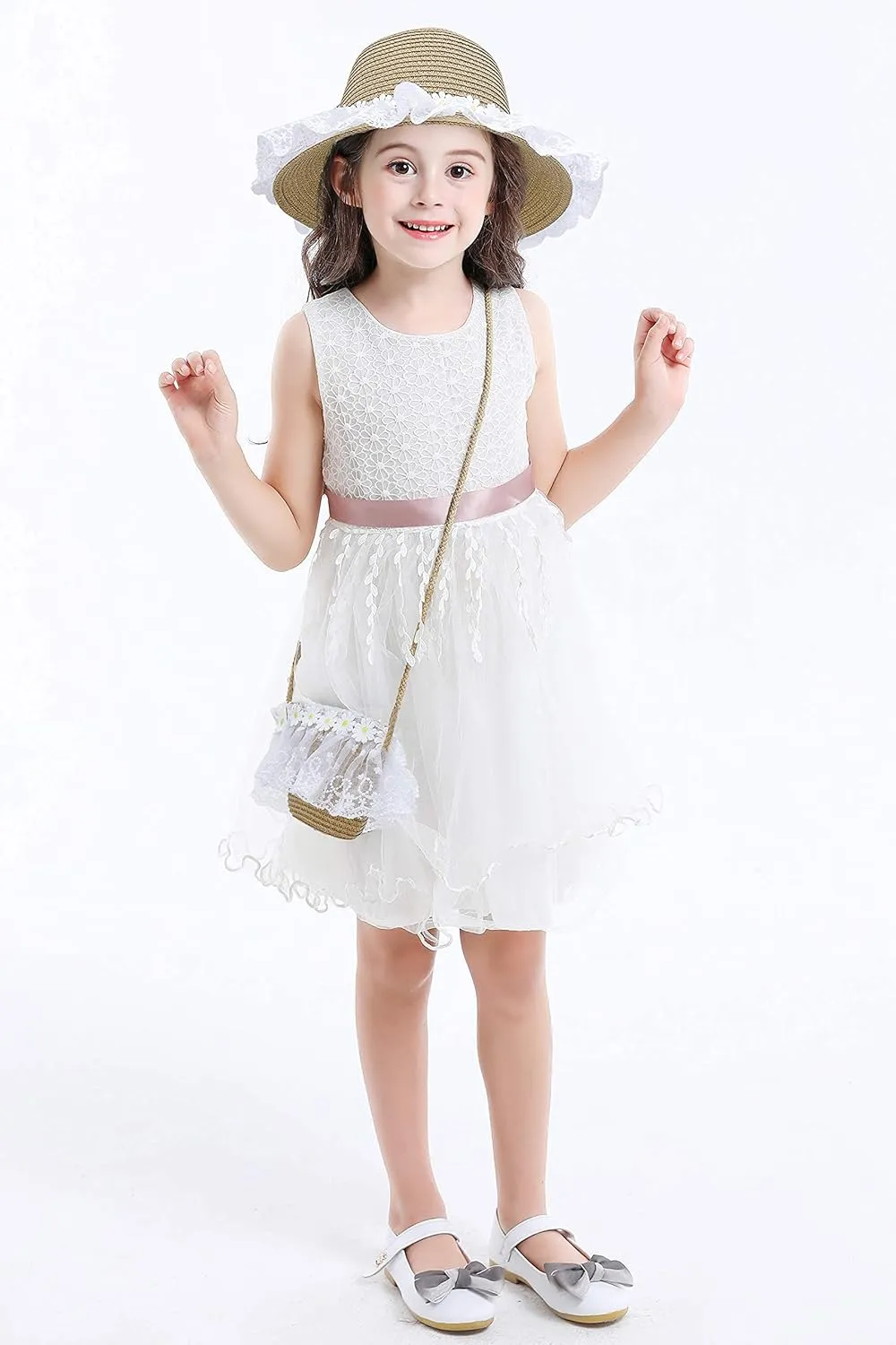 Bienvenu Girls Hats for Kids Beach Hat Wide Brim with Bag Set Girls Straw Hat
