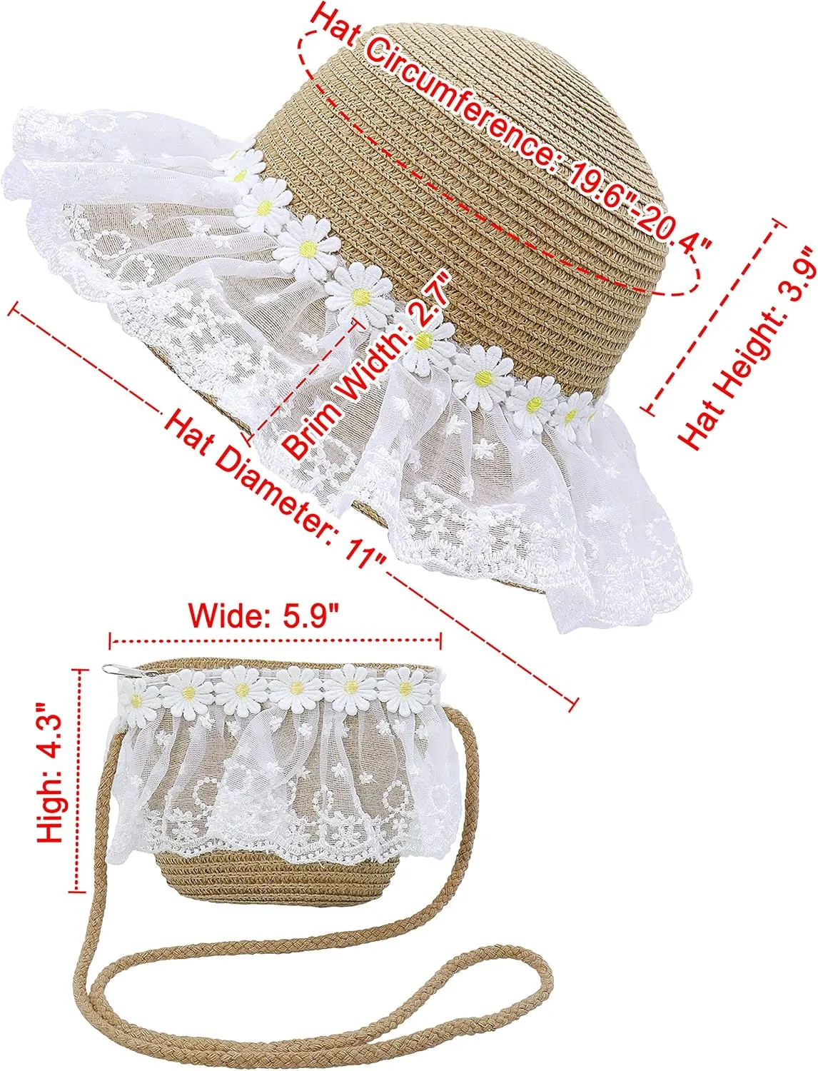 Bienvenu Girls Hats for Kids Beach Hat Wide Brim with Bag Set Girls Straw Hat