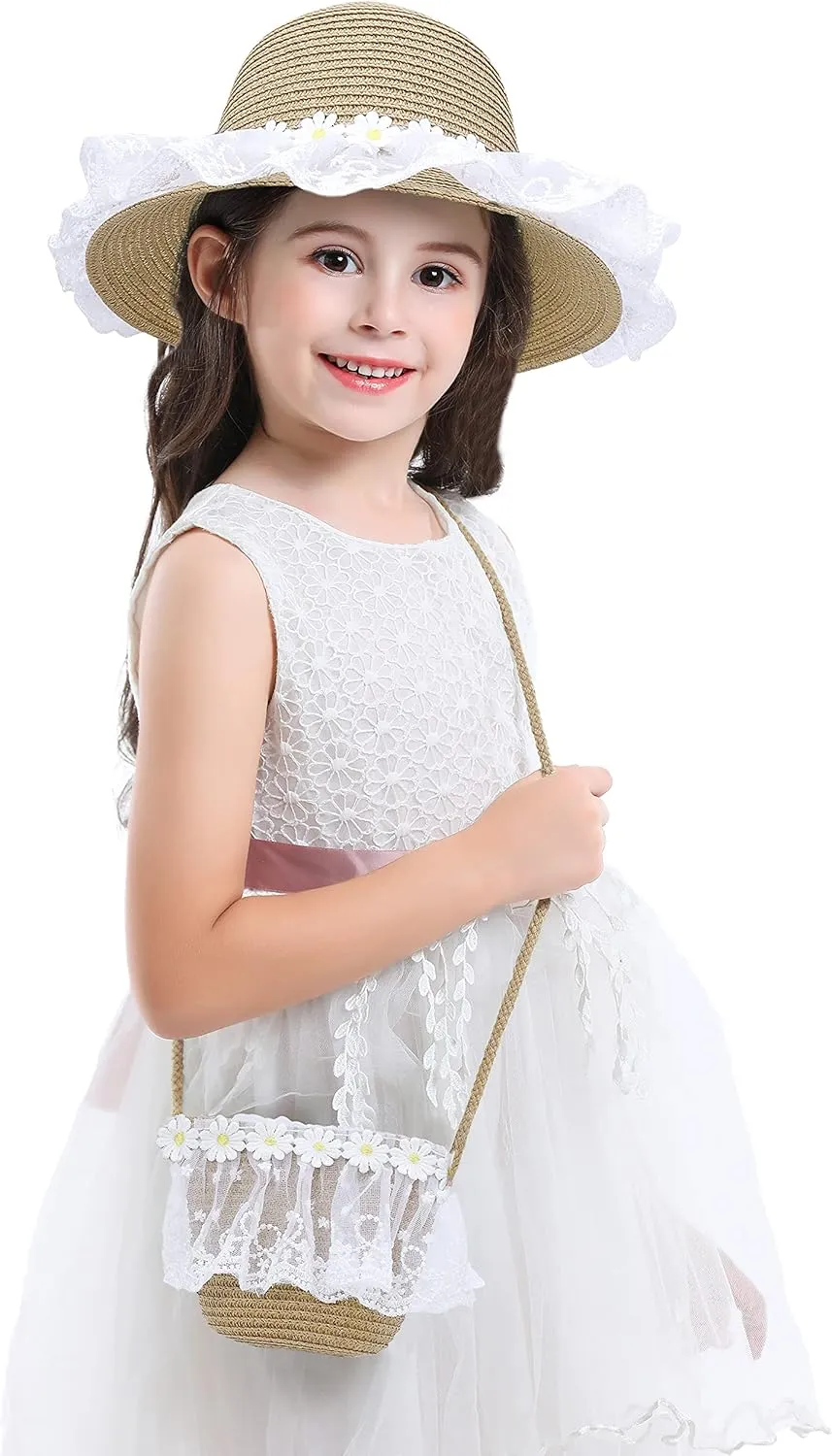 Bienvenu Girls Hats for Kids Beach Hat Wide Brim with Bag Set Girls Straw Hat