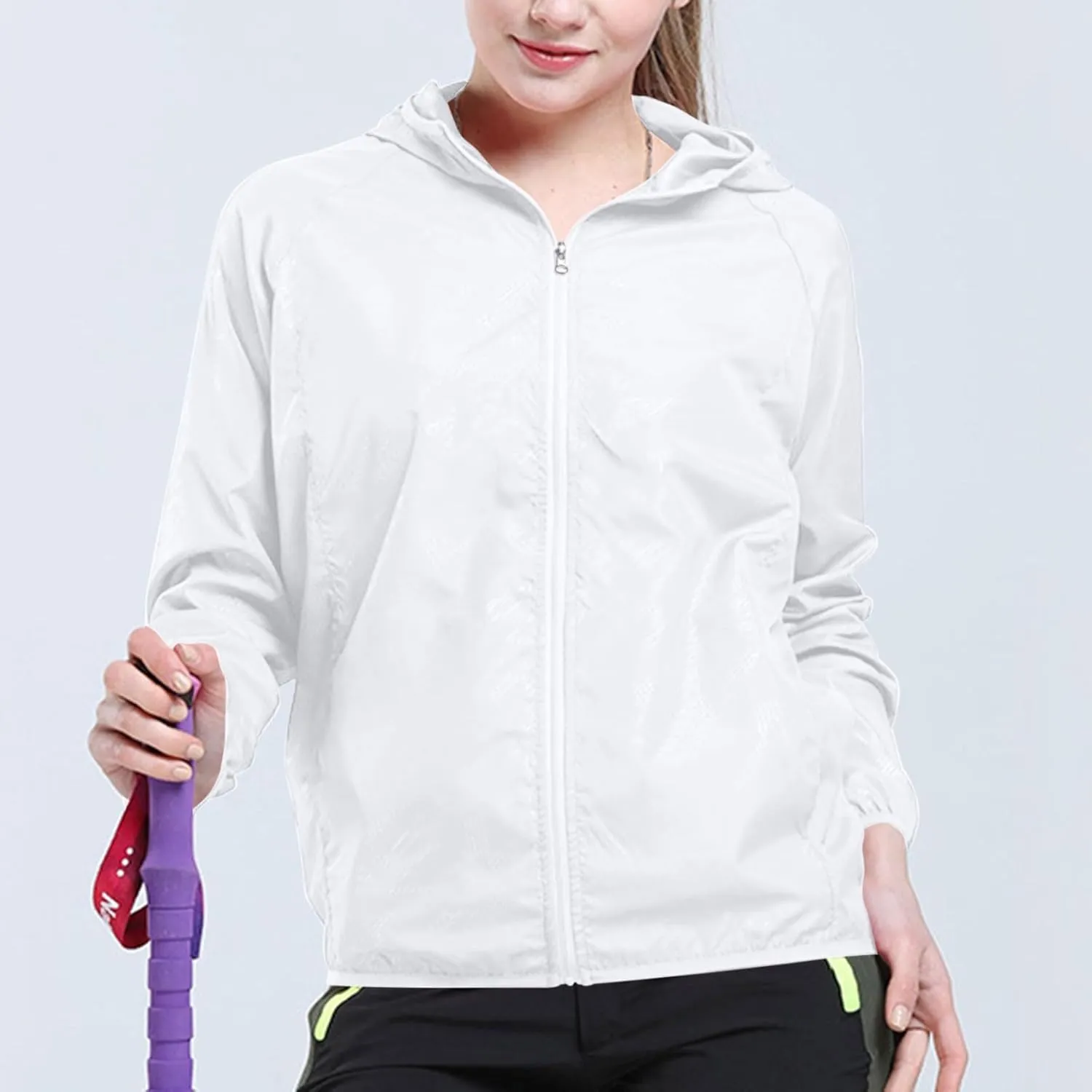 Binmer Women Men Windproof Jacket Plus Size Lightweight Sun Protection Hooded Full Zip Windbreaker Outdoor Riding Sports Coat
