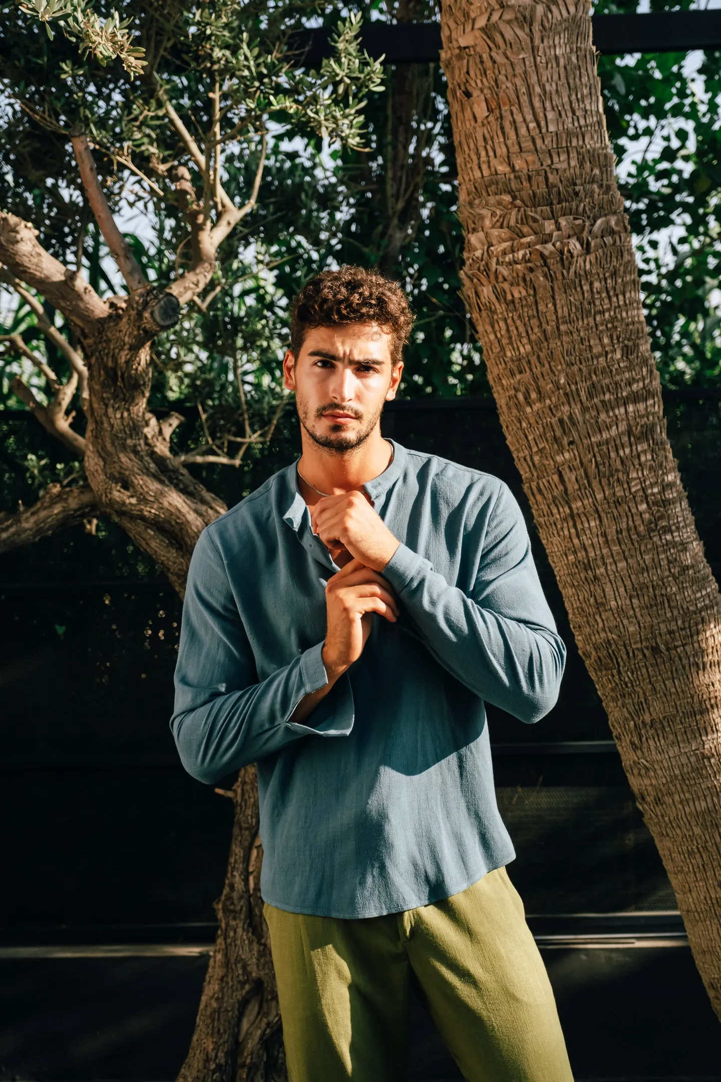 BLUE PETROL LINEN LONG SLEEVE TOP