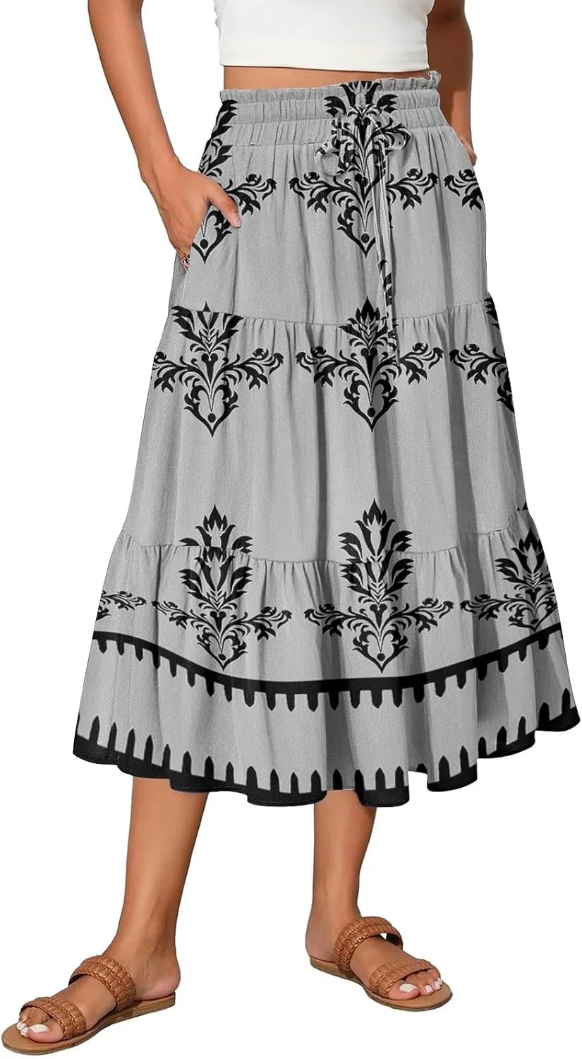 Boho Dresses for Women 2025 Loose Casual Trendy Floral Print Elastic Waist Lightweight Hawaiian Maxi Skirts, S-2XL