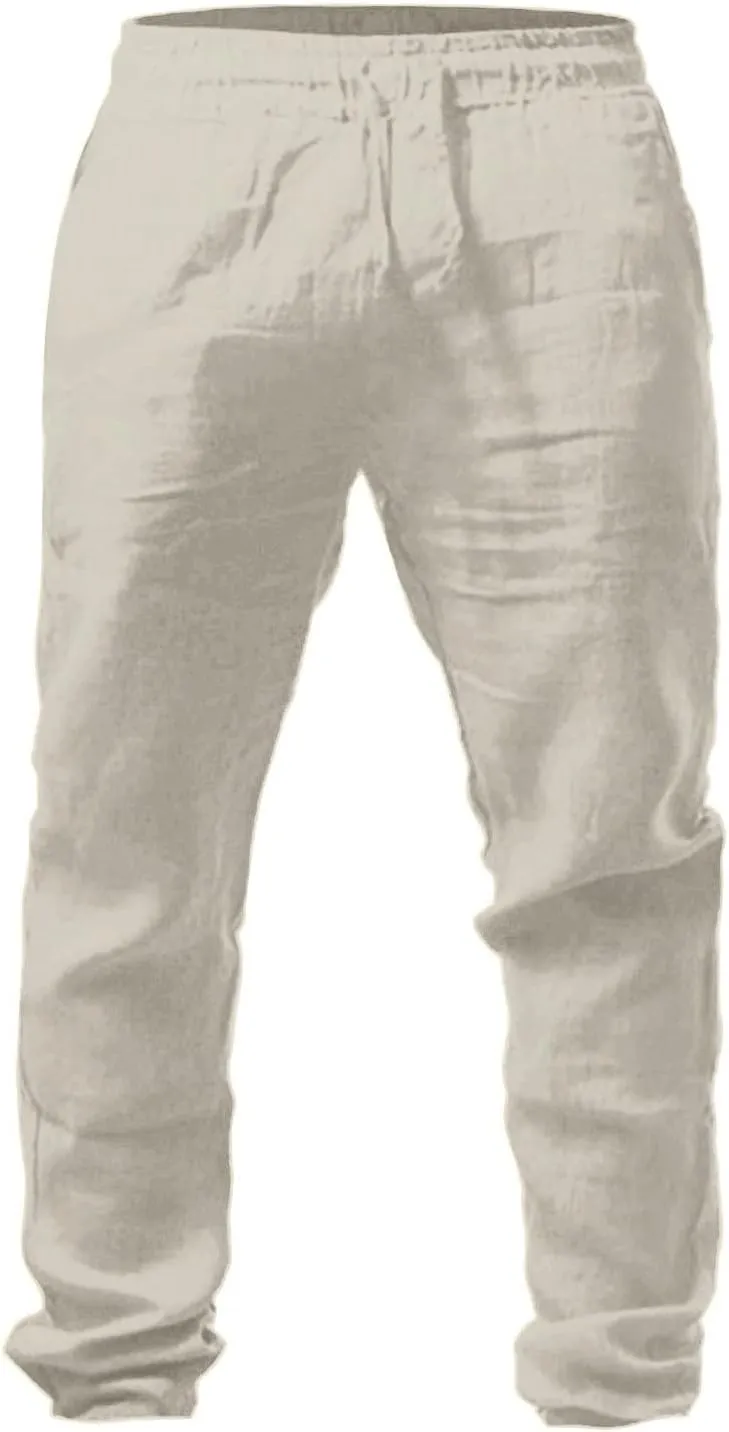 Casual Linen Pants Men Summer Lightweight Yoga Beach Pant Drawstring Elastic Waist Loose Straight Leg Lounge Trousers