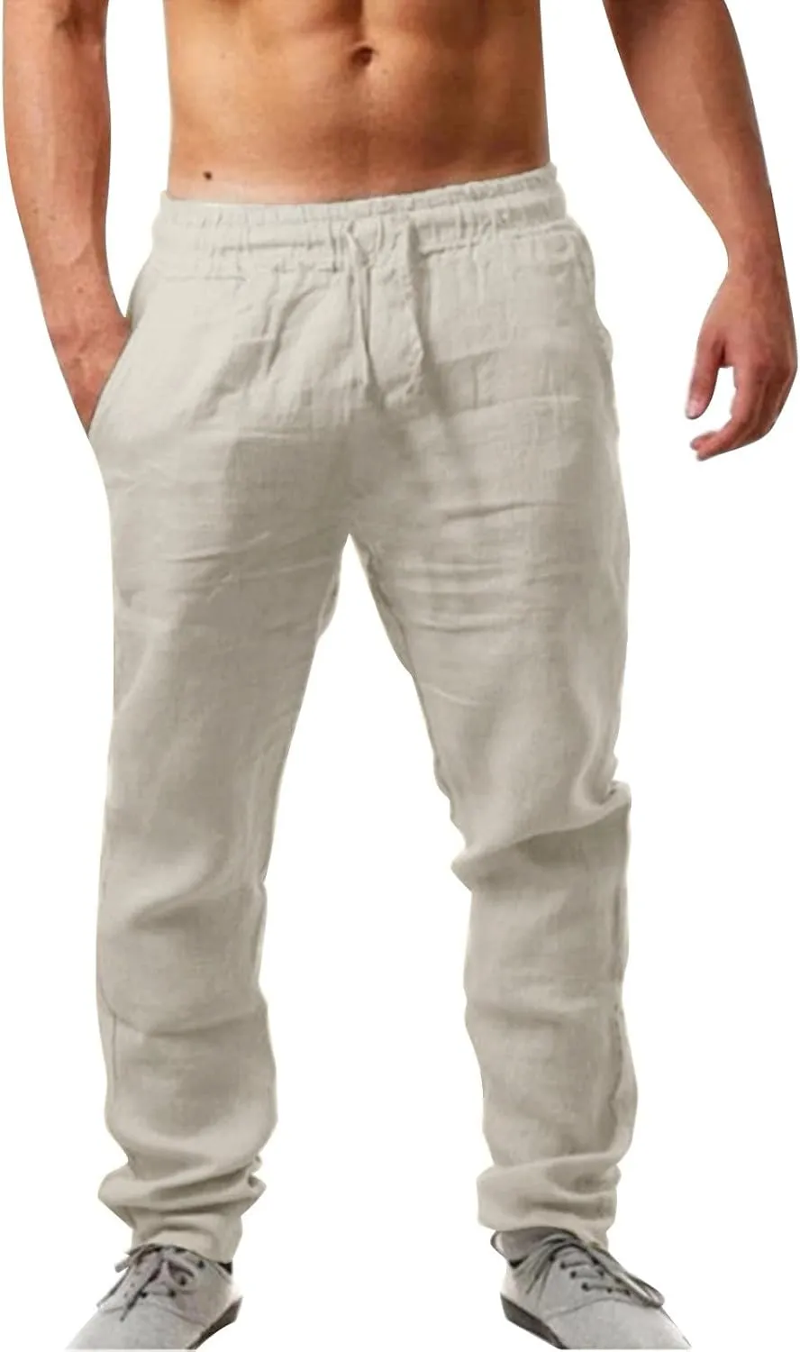 Casual Linen Pants Men Summer Lightweight Yoga Beach Pant Drawstring Elastic Waist Loose Straight Leg Lounge Trousers