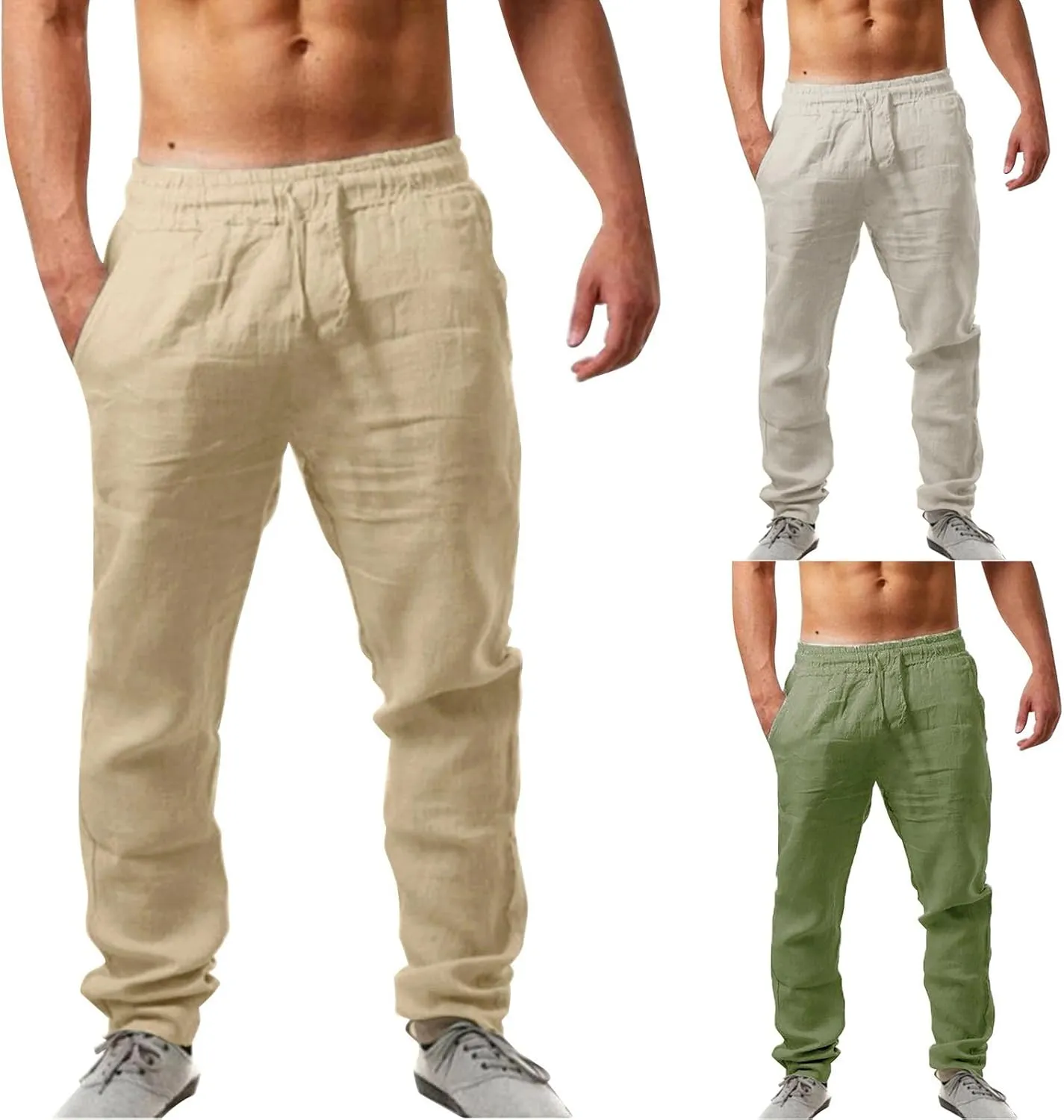 Casual Linen Pants Men Summer Lightweight Yoga Beach Pant Drawstring Elastic Waist Loose Straight Leg Lounge Trousers