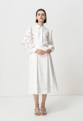 Choice Embellished Rhinestone Pleated Midi Skirt Offwhite