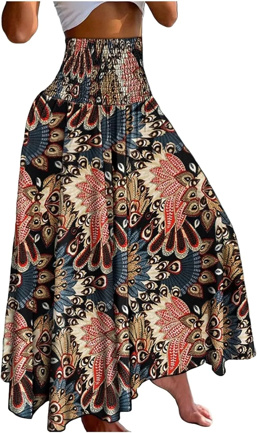 Cute Skirts for Women Trendy High Elastic Waist Paisley Print Loose Pleated Long Flowy Maxi Skirts Ladies Boha Dress