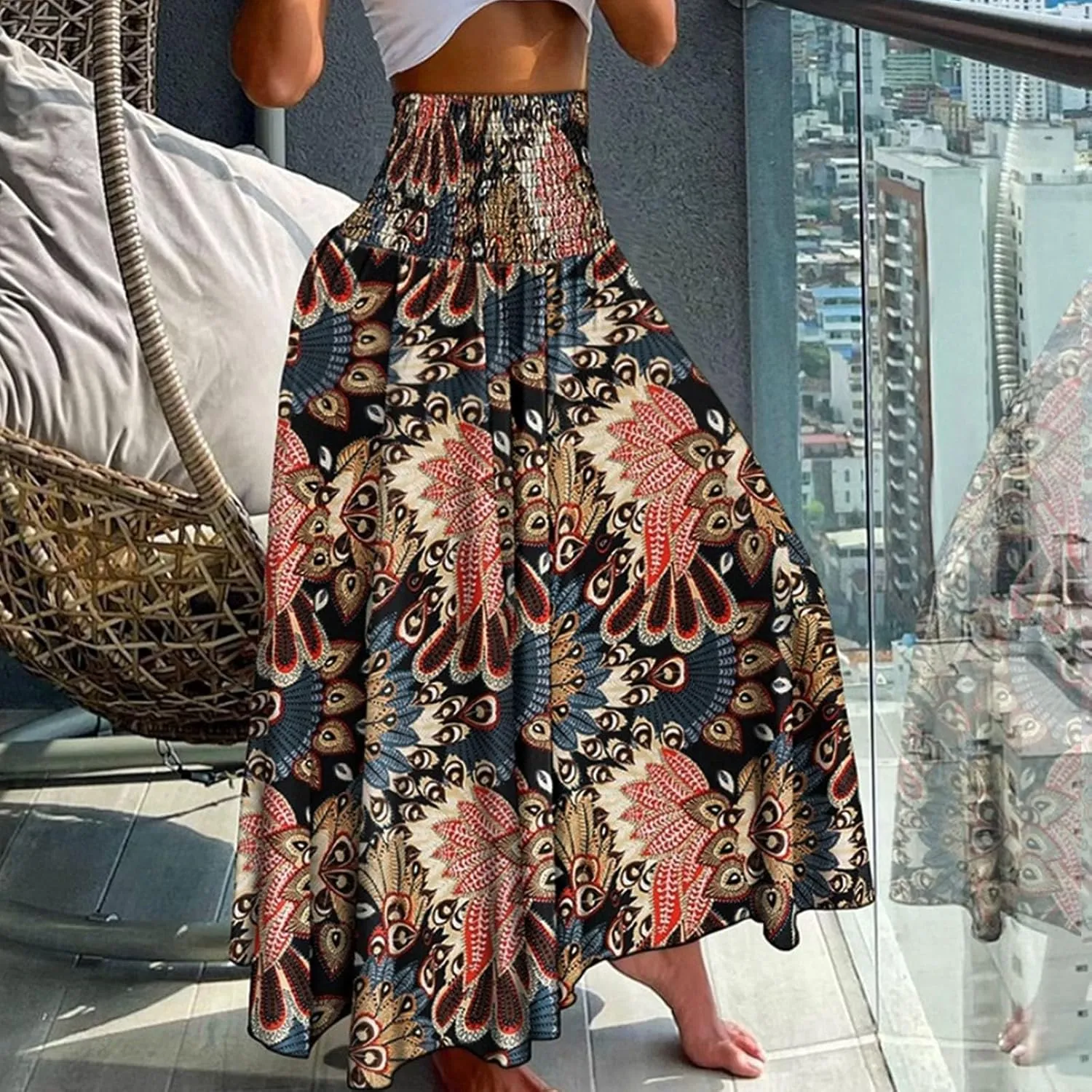 Cute Skirts for Women Trendy High Elastic Waist Paisley Print Loose Pleated Long Flowy Maxi Skirts Ladies Boha Dress