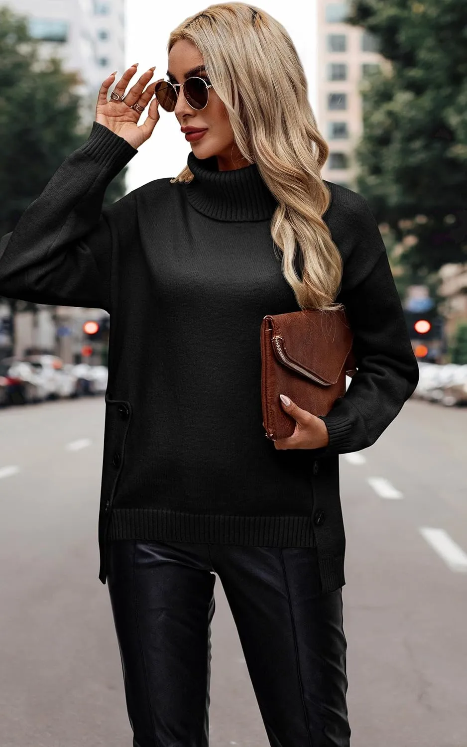 ECOWISH Women Fall Pullover Sweater Turtleneck Plaid Long Sleeve Loose Casual Chunky Checked Knit Winter Sweaters Jumper Tops