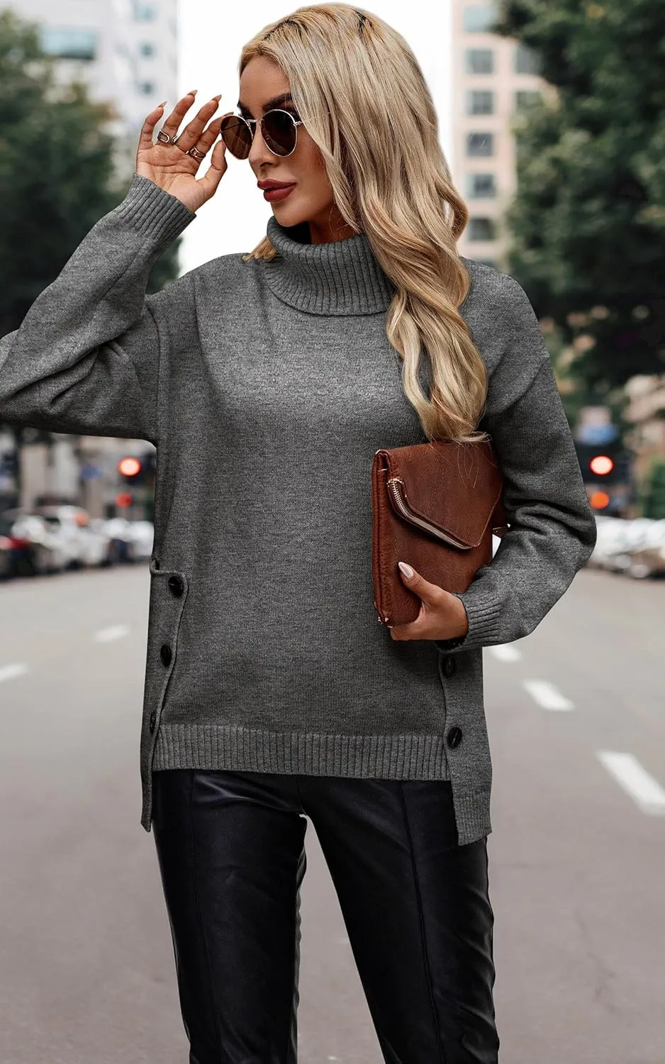 ECOWISH Women Fall Pullover Sweater Turtleneck Plaid Long Sleeve Loose Casual Chunky Checked Knit Winter Sweaters Jumper Tops