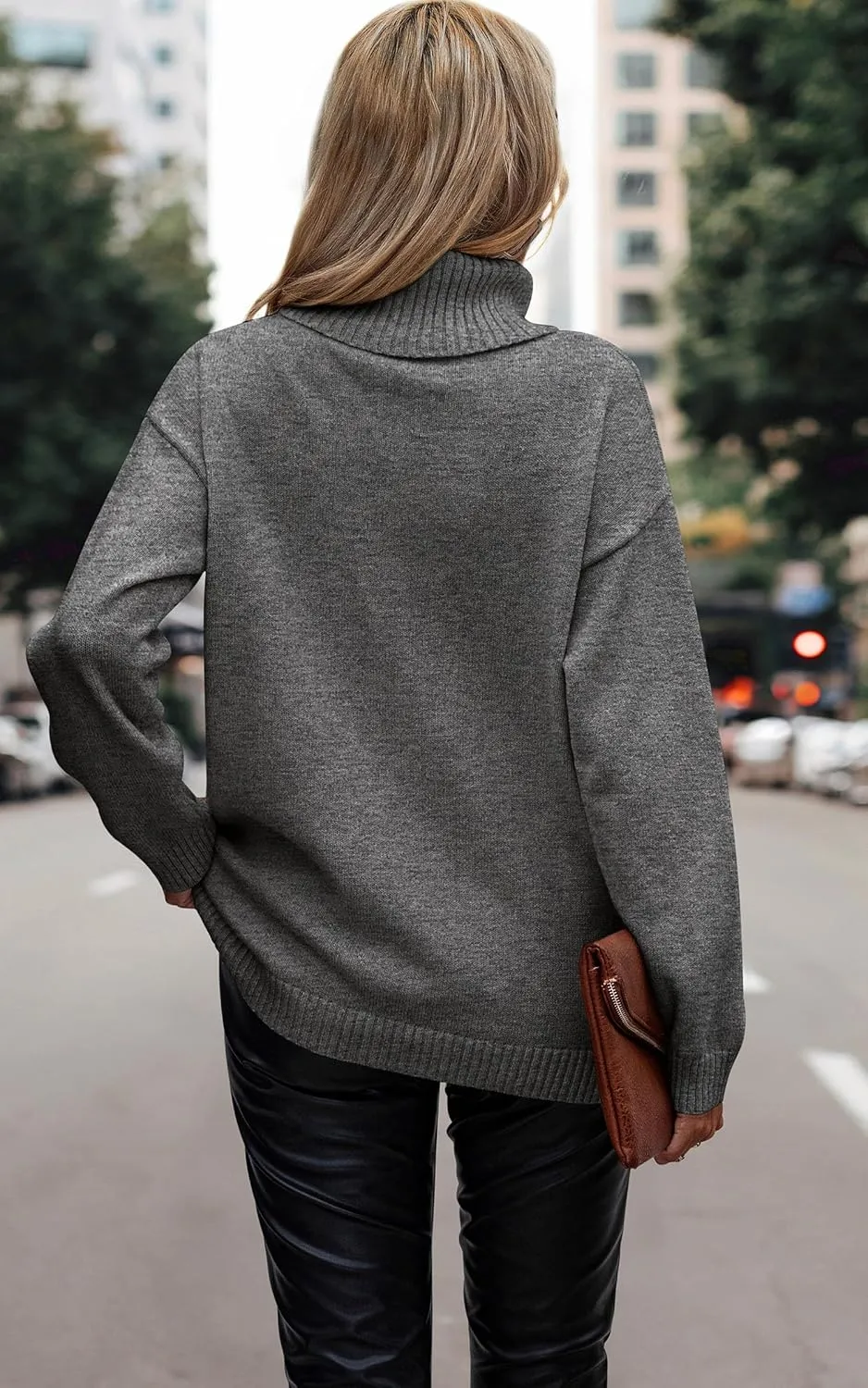 ECOWISH Women Fall Pullover Sweater Turtleneck Plaid Long Sleeve Loose Casual Chunky Checked Knit Winter Sweaters Jumper Tops
