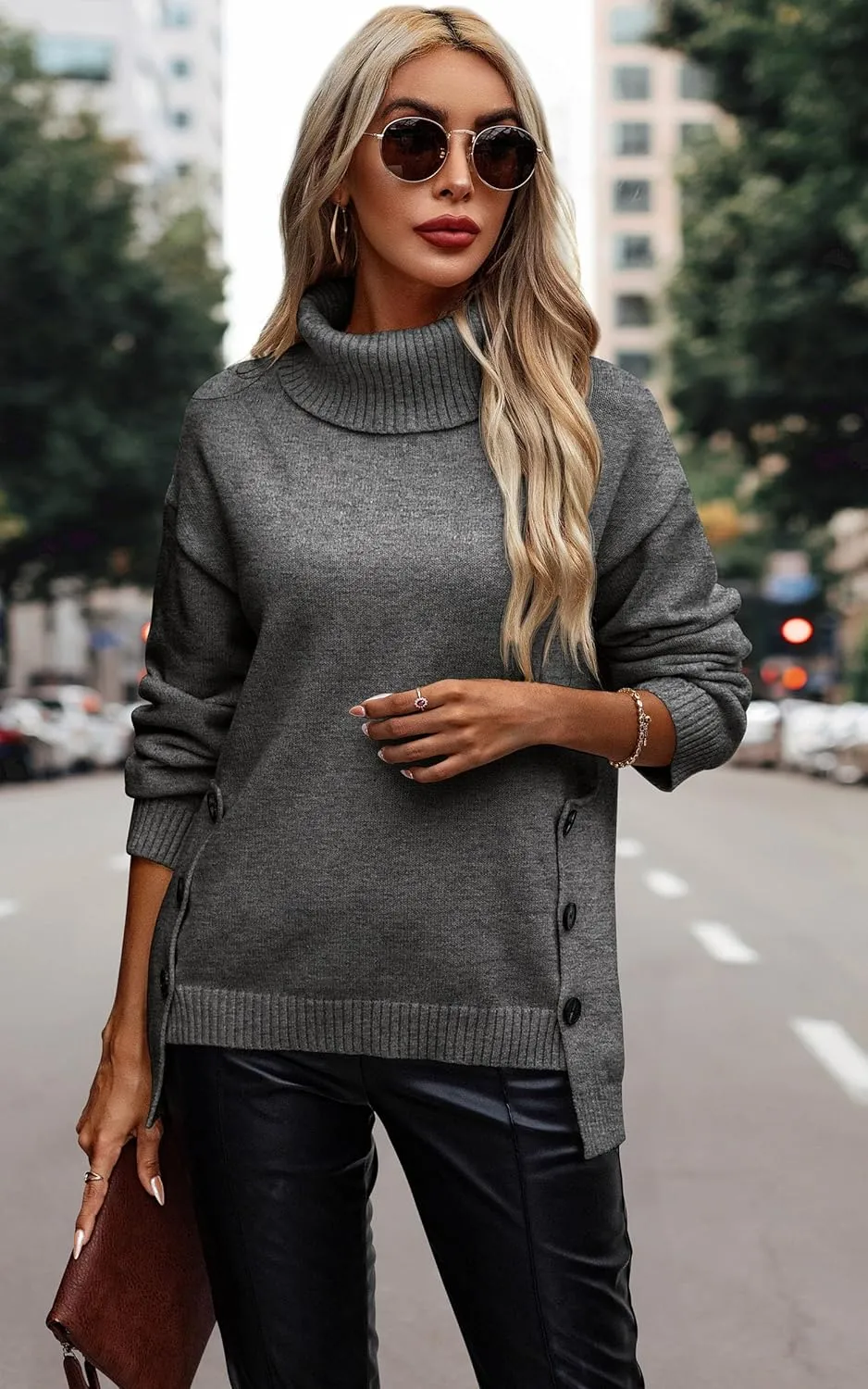 ECOWISH Women Fall Pullover Sweater Turtleneck Plaid Long Sleeve Loose Casual Chunky Checked Knit Winter Sweaters Jumper Tops