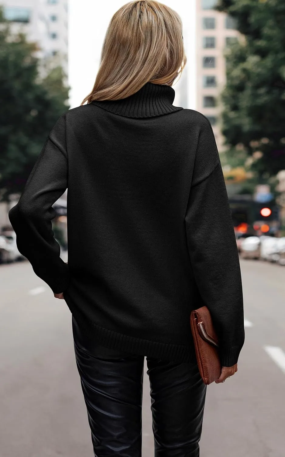ECOWISH Women Fall Pullover Sweater Turtleneck Plaid Long Sleeve Loose Casual Chunky Checked Knit Winter Sweaters Jumper Tops