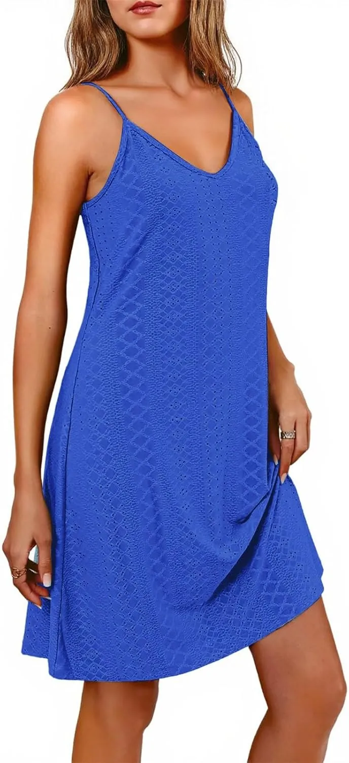 Eyelet Dresses for Women 2025 Beach Cover Up Casual Boho Floral Dress Vacation Sleeveless Cute Midi Tank Top Dress