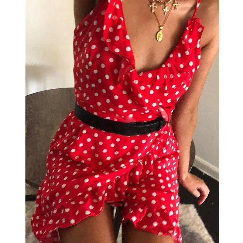 FashionSierra - Women Boho Floral Dress Ladies Summer Beach Polka Dot Sleeveless Party Ruffle V Neck Mini Sundress Holiday Clothing