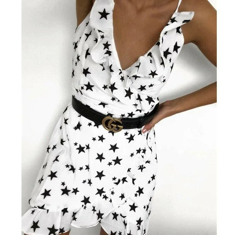 FashionSierra - Women Boho Floral Dress Ladies Summer Beach Polka Dot Sleeveless Party Ruffle V Neck Mini Sundress Holiday Clothing