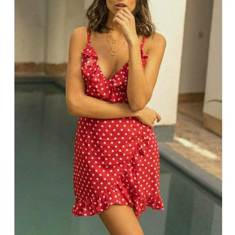 FashionSierra - Women Boho Floral Dress Ladies Summer Beach Polka Dot Sleeveless Party Ruffle V Neck Mini Sundress Holiday Clothing