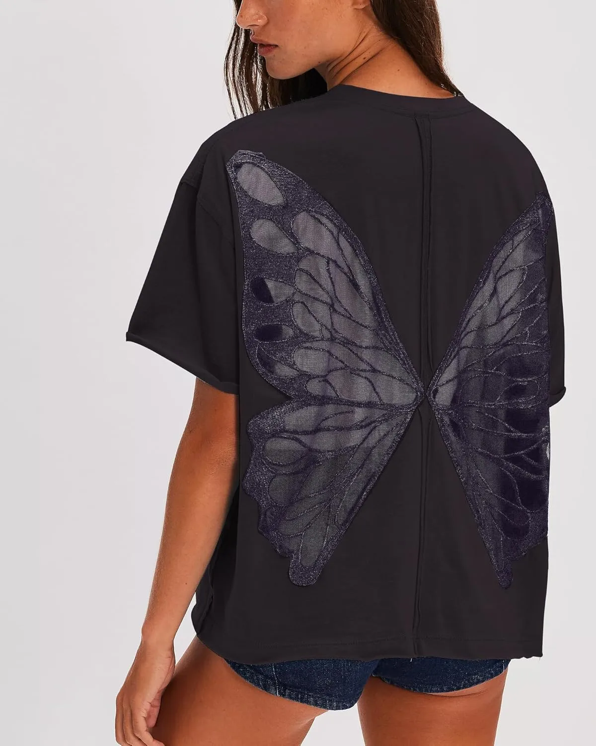 Gacaky Summer Tops Womens Solid T Shirts for Women Casual Loose Oversized Butterfly Embroidered Y2K 2025 Shirts Basic Tee