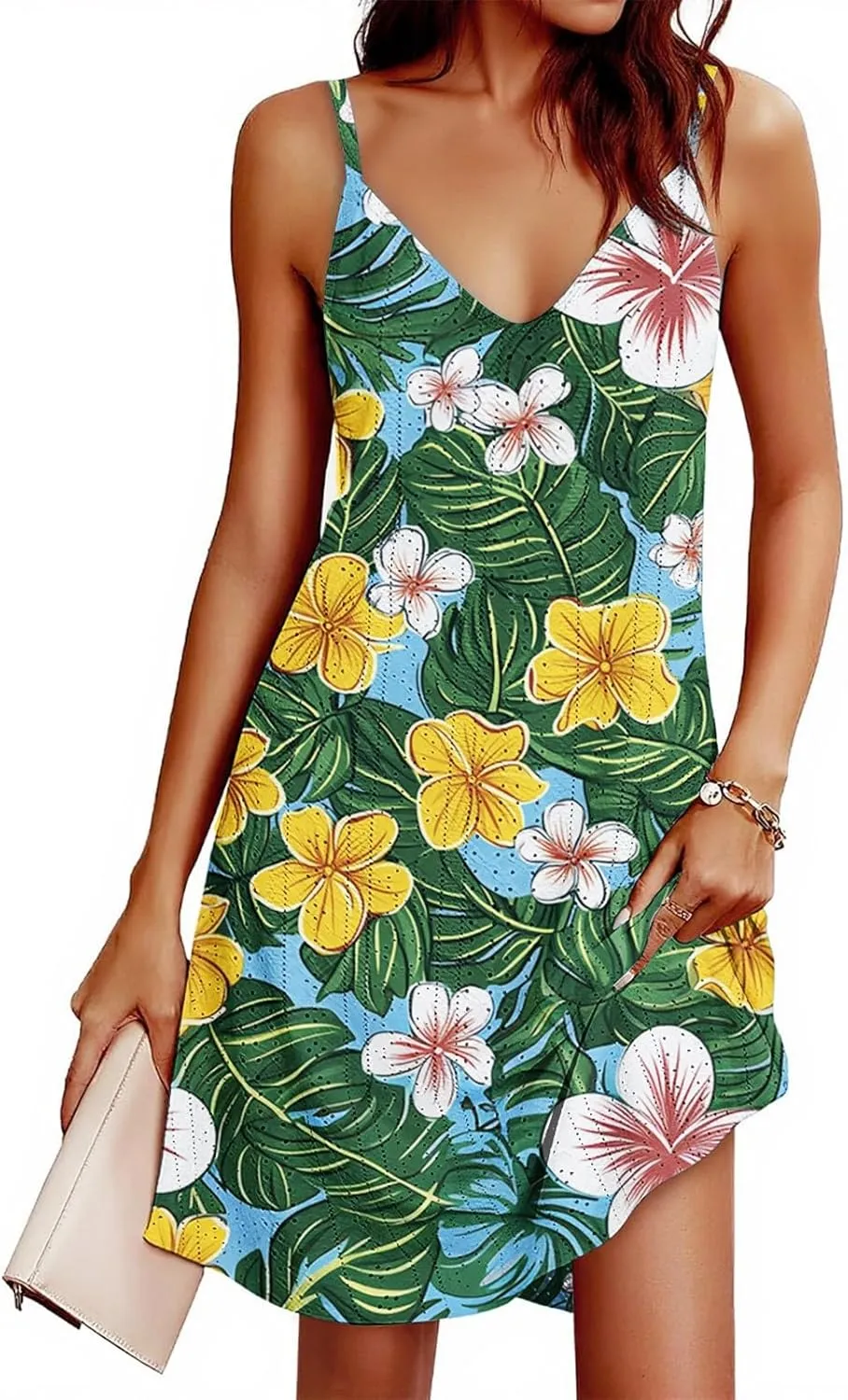 Hawaiian Floral Sundresses for Women Loose V Neck Sleeveless Dress Spaghetti Strap Boho Mini Dress Beach Cover Up