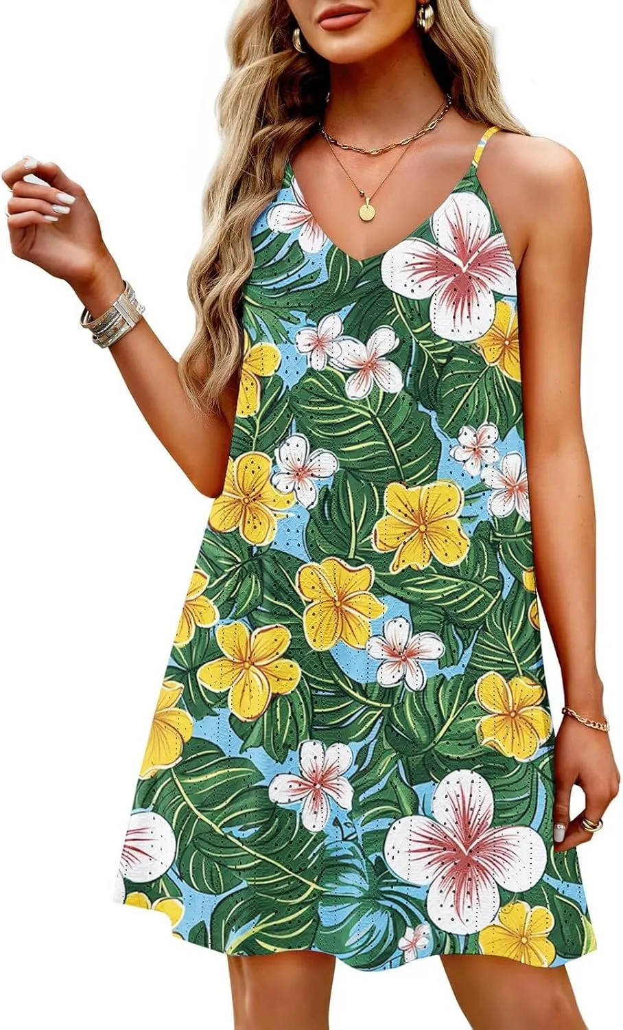 Hawaiian Floral Sundresses for Women Loose V Neck Sleeveless Dress Spaghetti Strap Boho Mini Dress Beach Cover Up