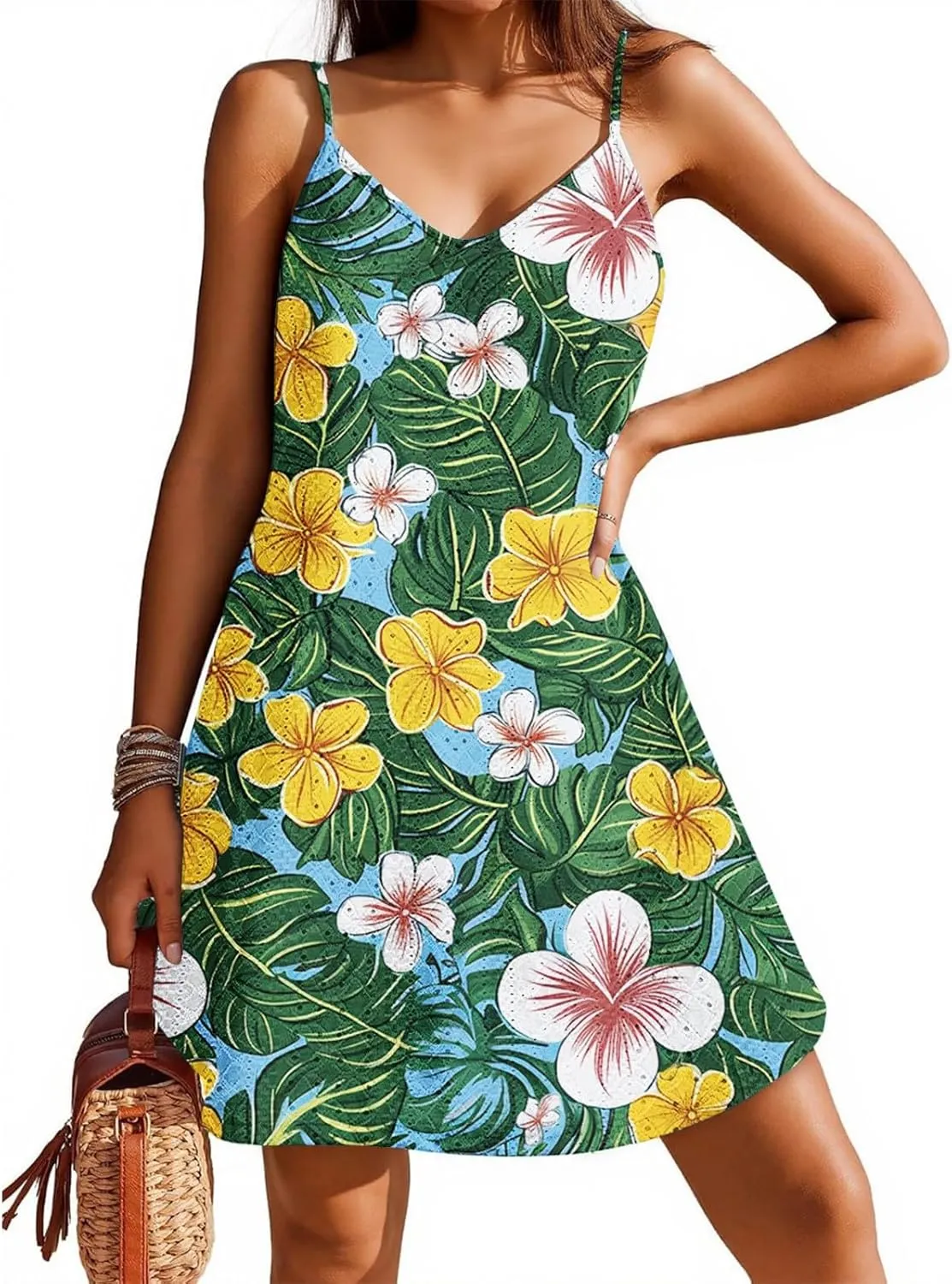 Hawaiian Floral Sundresses for Women Loose V Neck Sleeveless Dress Spaghetti Strap Boho Mini Dress Beach Cover Up
