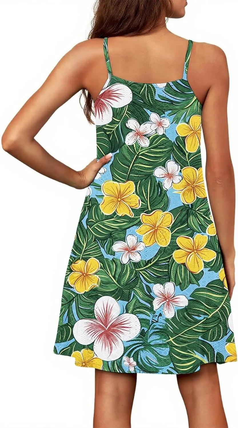 Hawaiian Floral Sundresses for Women Loose V Neck Sleeveless Dress Spaghetti Strap Boho Mini Dress Beach Cover Up
