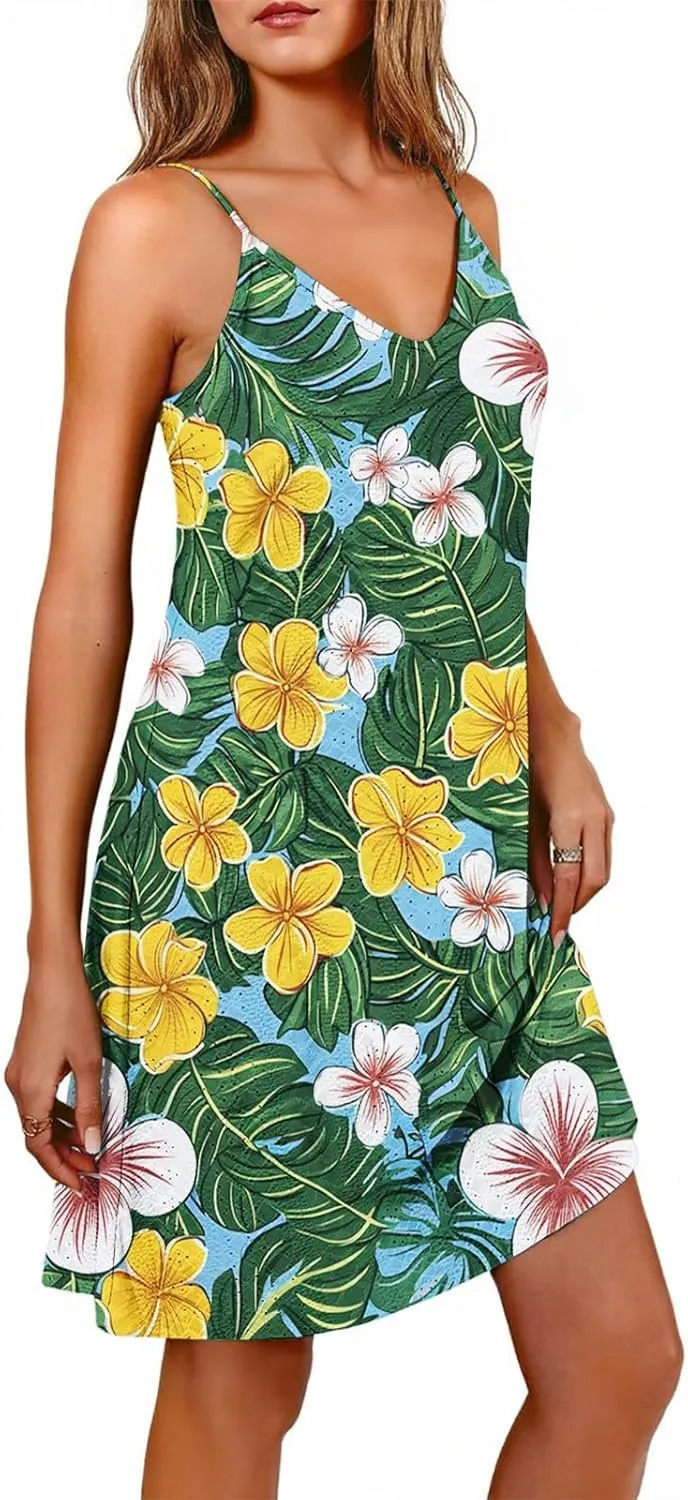 Hawaiian Floral Sundresses for Women Loose V Neck Sleeveless Dress Spaghetti Strap Boho Mini Dress Beach Cover Up