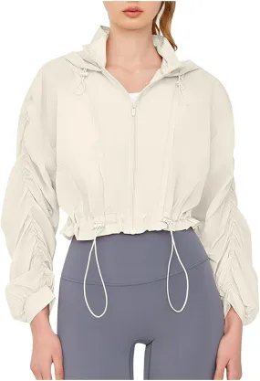 Lightweight Sun Jacket Women Girls UV Protect Full Zip Shirt Ruched Long Sleeve Hoodie Breathable Cool Cropped Jackets