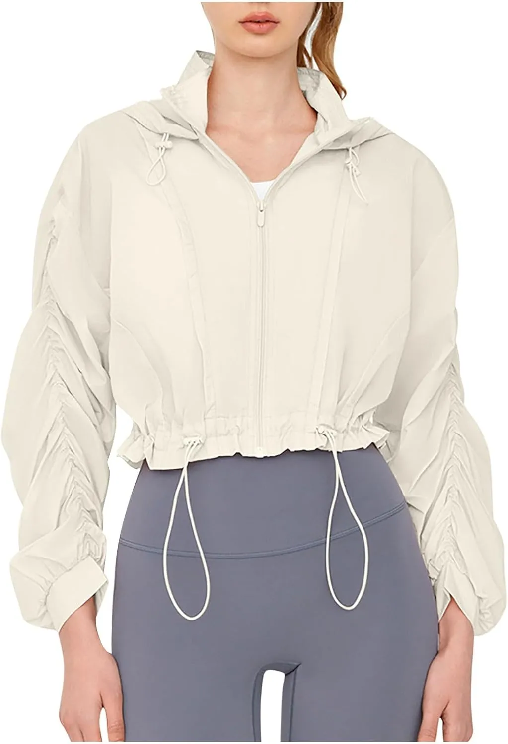 Lightweight Sun Jacket Women Girls UV Protect Full Zip Shirt Ruched Long Sleeve Hoodie Breathable Cool Cropped Jackets