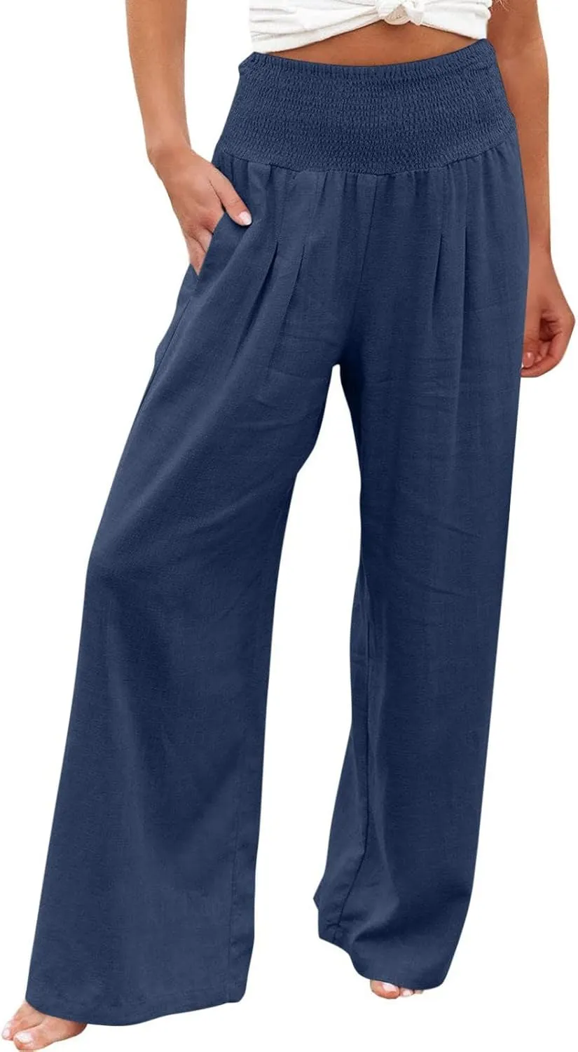 Linen Pants Women High Waisted Wide Leg Palazzo Pants Summer Beach Flowy Pants Casual Dress Pants Lounge Trousers