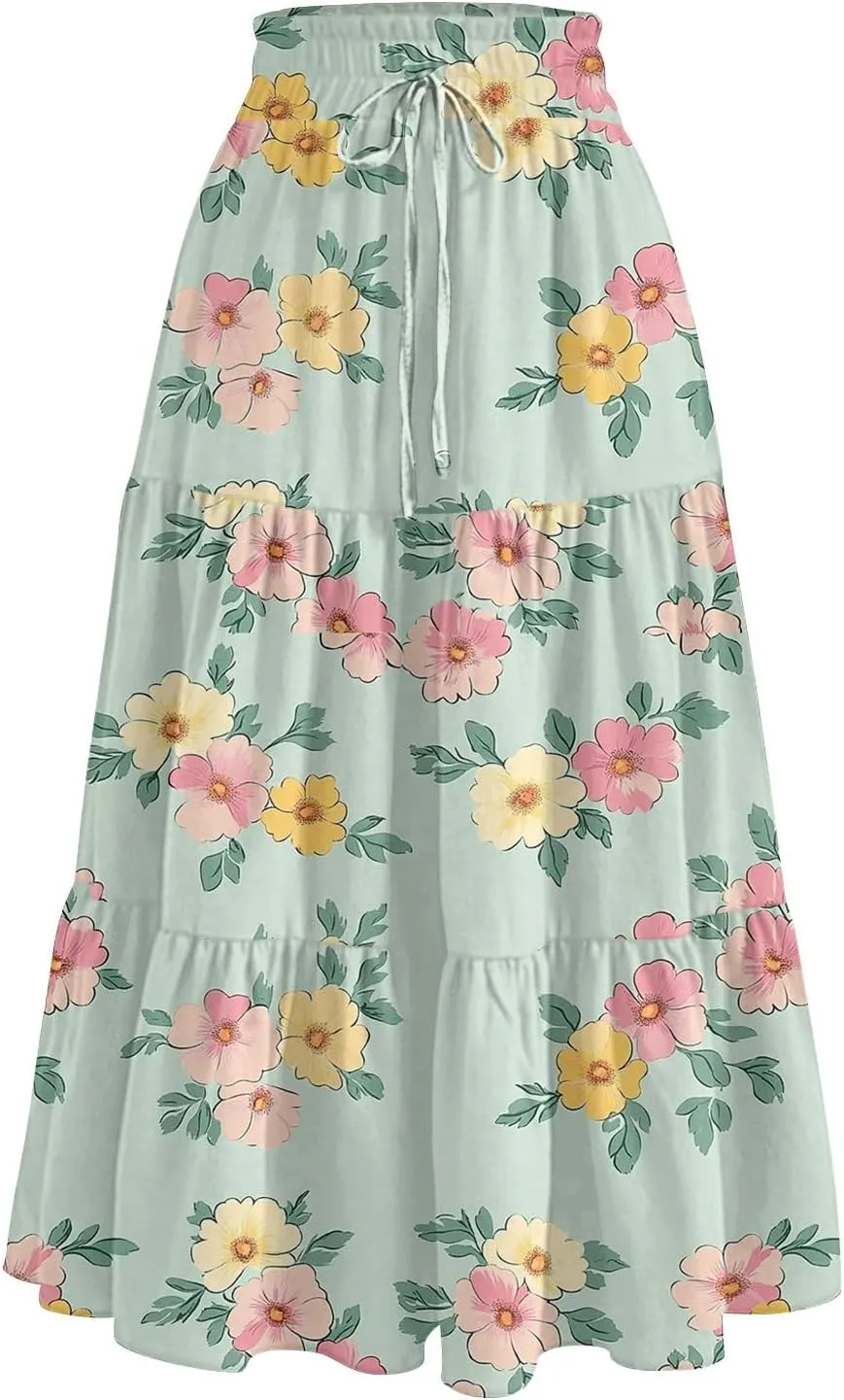 Maxi Skirts for Women 2025 Casual Trendy Floral Print Elastic Waist Lightweight Flowy Skirt, S-2XL