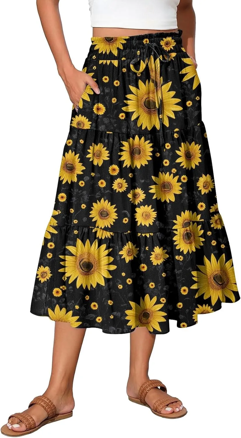 Maxi Skirts for Women 2025 Casual Trendy Floral Print Elastic Waist Lightweight Flowy Skirt, S-2XL