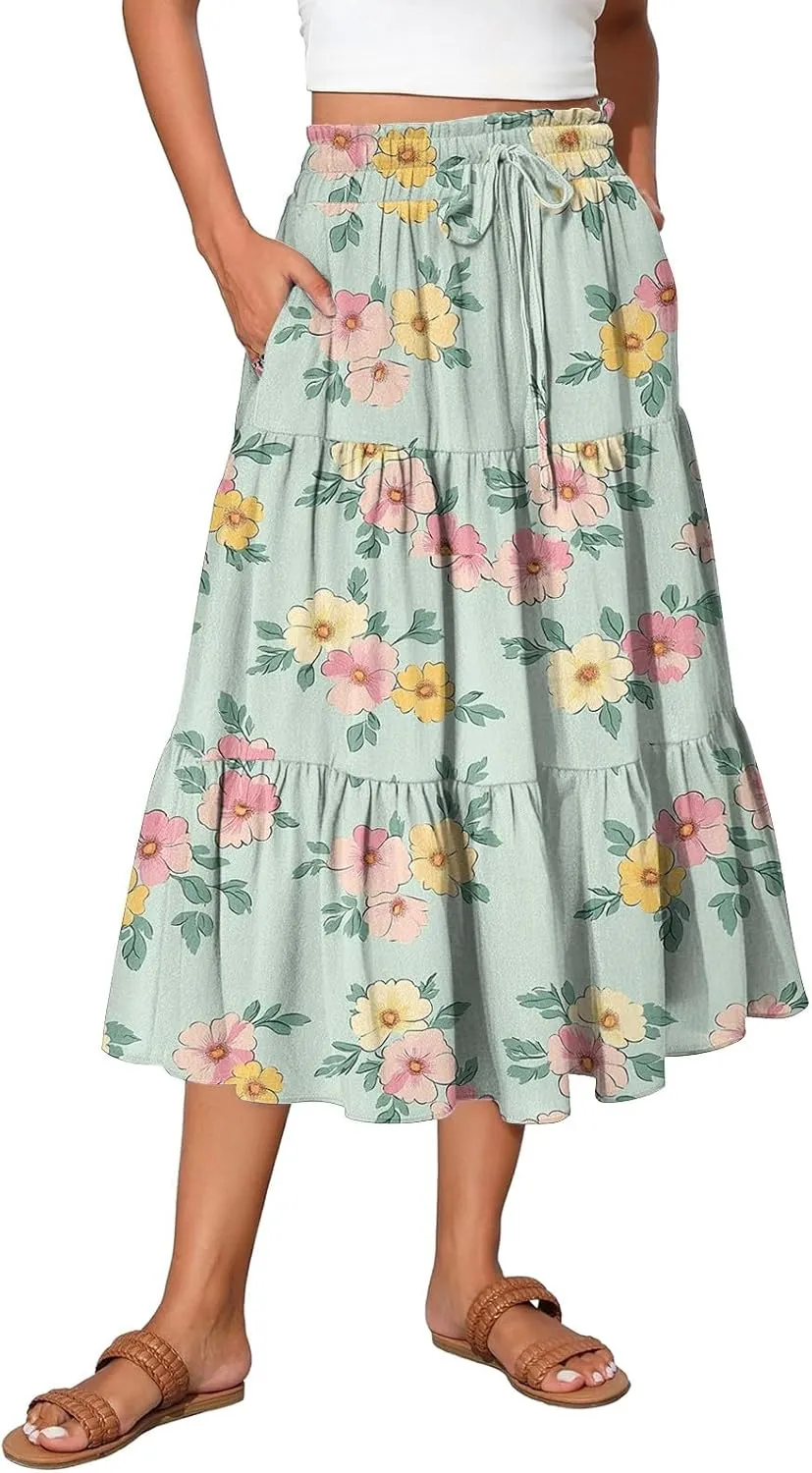 Maxi Skirts for Women 2025 Casual Trendy Floral Print Elastic Waist Lightweight Flowy Skirt, S-2XL