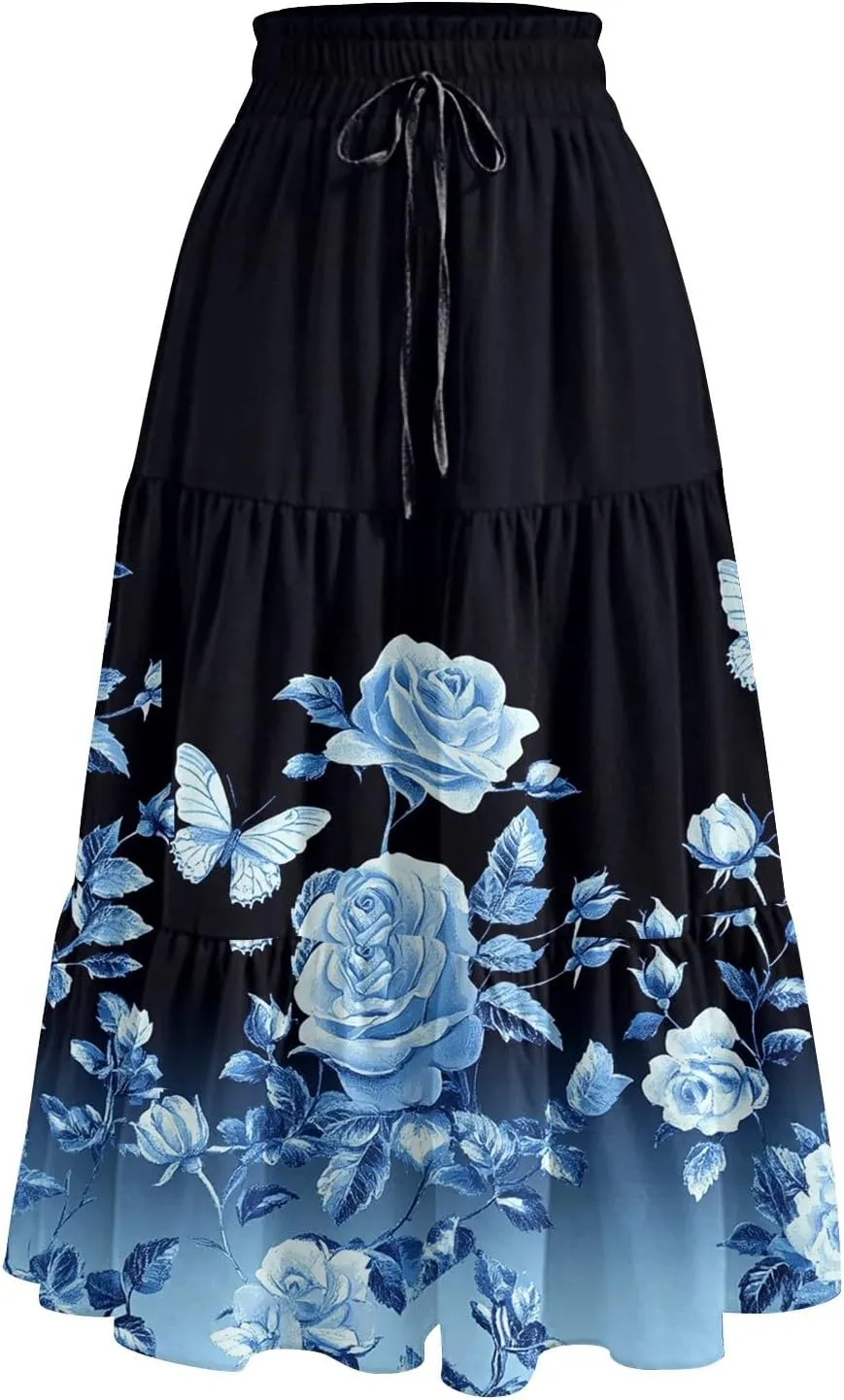 Maxi Skirts for Women 2025 Casual Trendy Floral Print Elastic Waist Lightweight Flowy Skirt, S-2XL