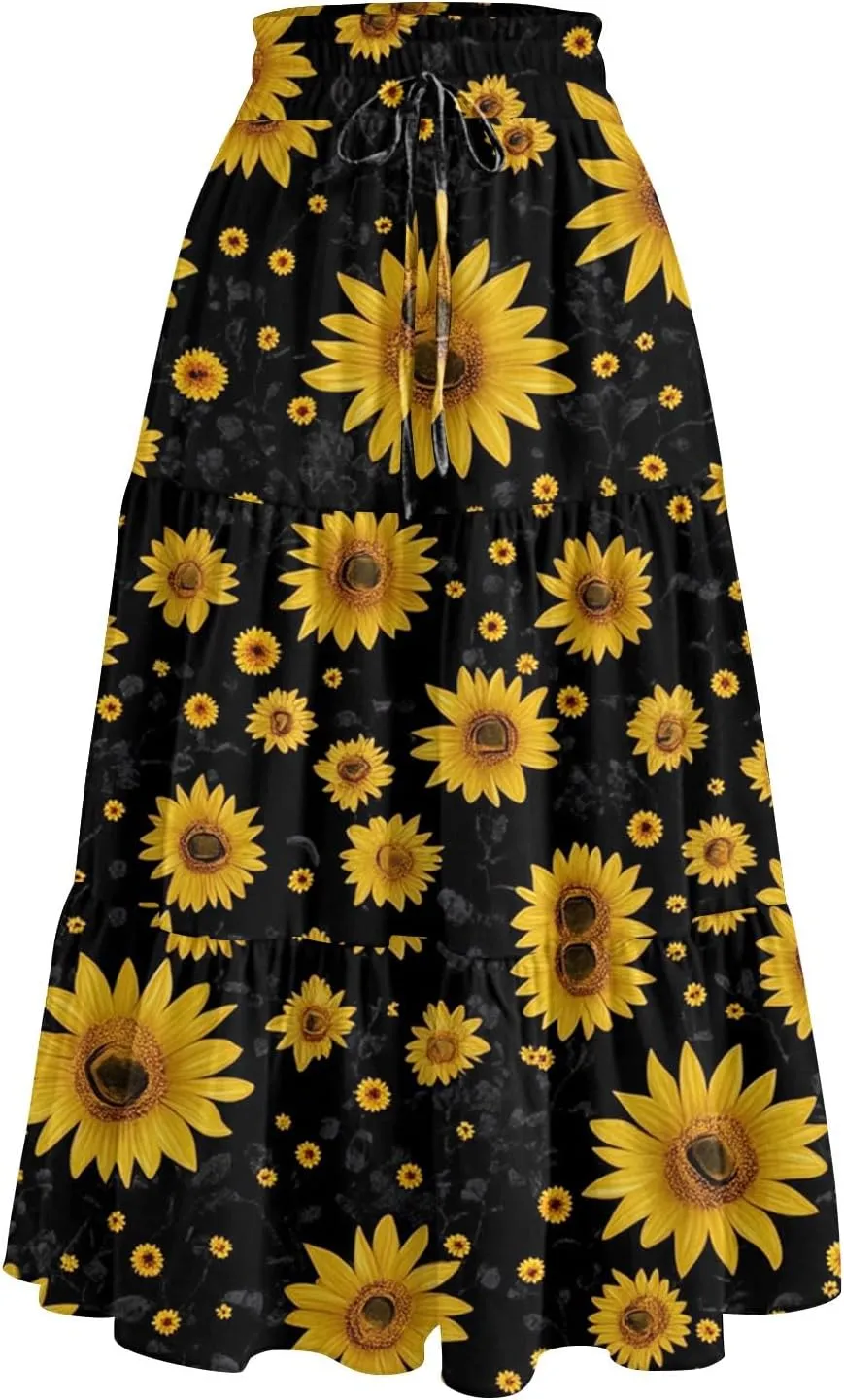 Maxi Skirts for Women 2025 Casual Trendy Floral Print Elastic Waist Lightweight Flowy Skirt, S-2XL