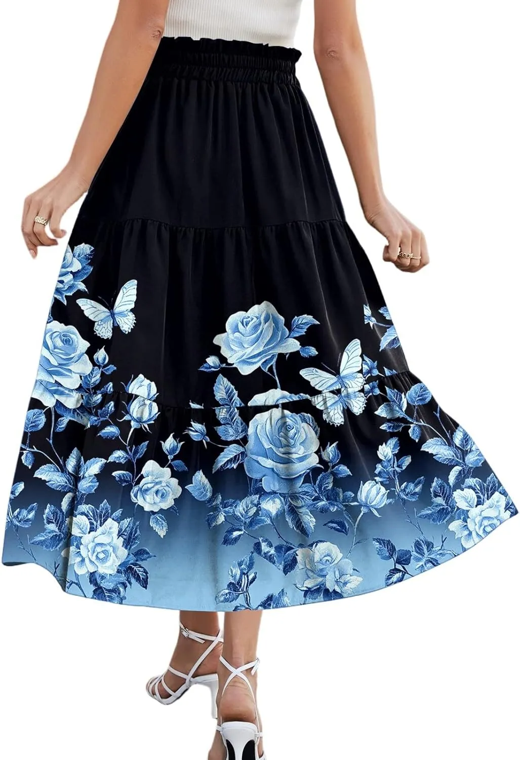 Maxi Skirts for Women 2025 Casual Trendy Floral Print Elastic Waist Lightweight Flowy Skirt, S-2XL