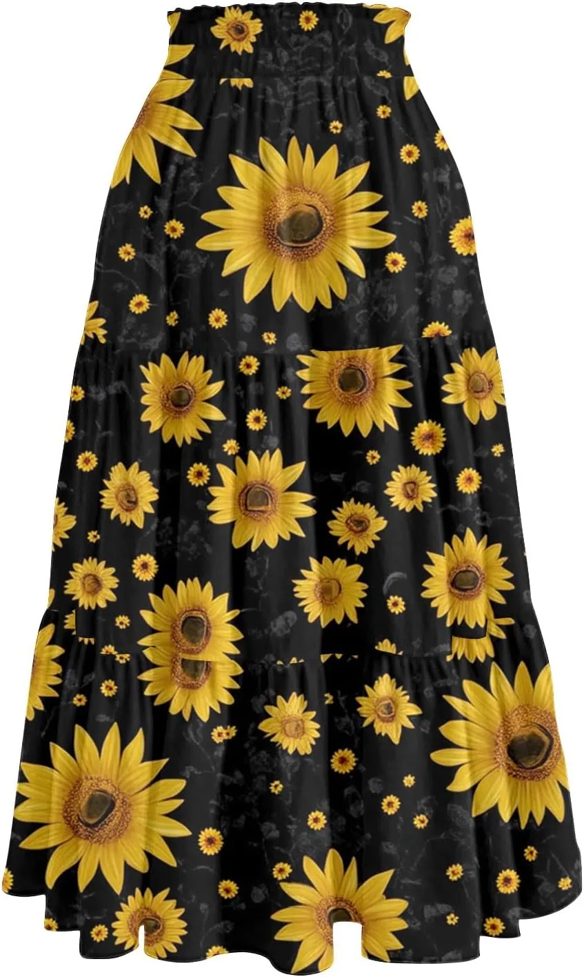 Maxi Skirts for Women 2025 Casual Trendy Floral Print Elastic Waist Lightweight Flowy Skirt, S-2XL