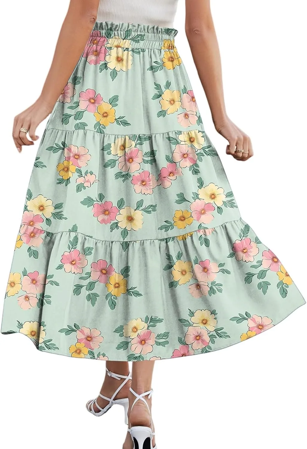 Maxi Skirts for Women 2025 Casual Trendy Floral Print Elastic Waist Lightweight Flowy Skirt, S-2XL