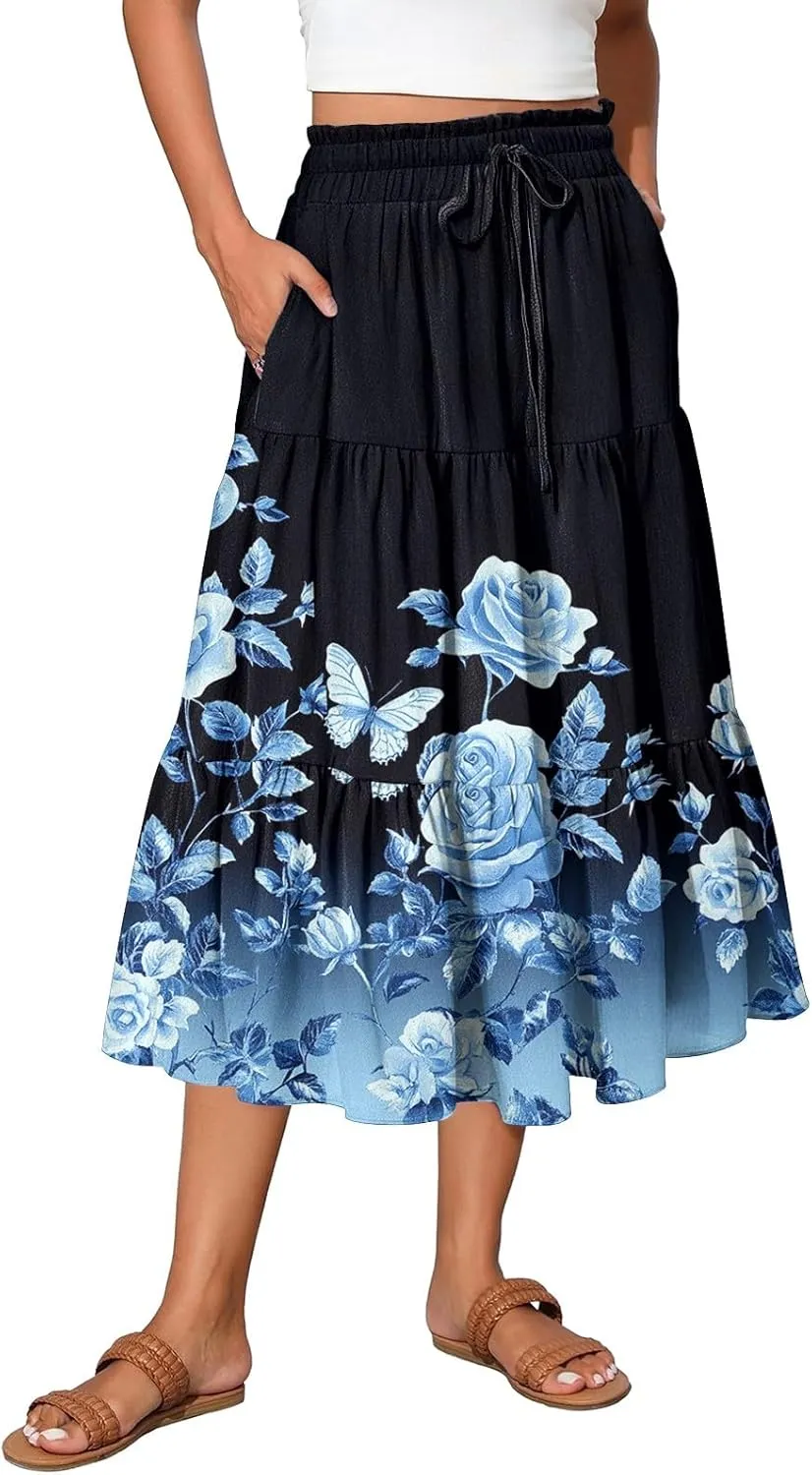 Maxi Skirts for Women 2025 Casual Trendy Floral Print Elastic Waist Lightweight Flowy Skirt, S-2XL