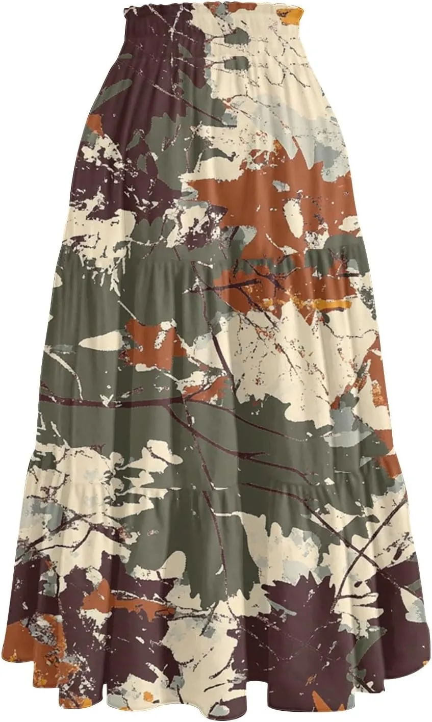 Maxi Skirts for Women 2025 Casual Trendy Floral Print Elastic Waist Lightweight Flowy Skirt, S-2XL