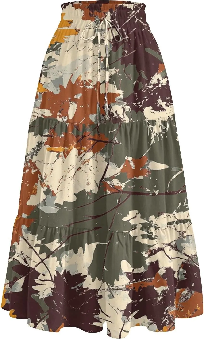 Maxi Skirts for Women 2025 Casual Trendy Floral Print Elastic Waist Lightweight Flowy Skirt, S-2XL