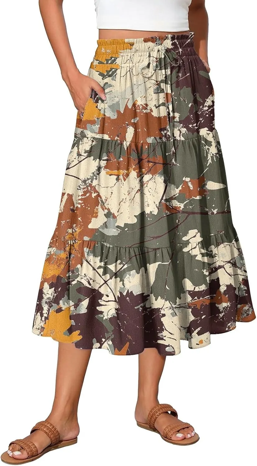 Maxi Skirts for Women 2025 Casual Trendy Floral Print Elastic Waist Lightweight Flowy Skirt, S-2XL