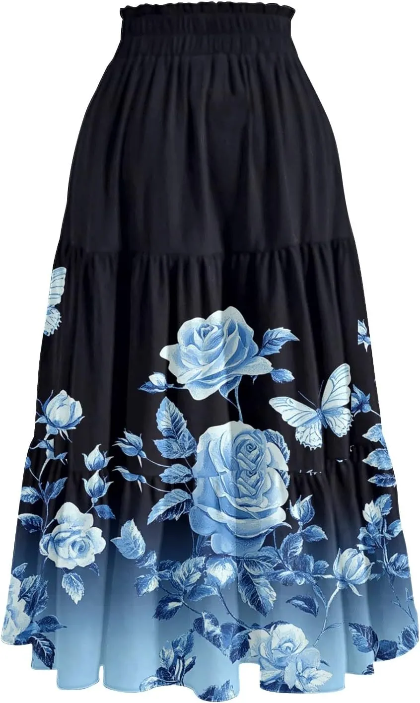 Maxi Skirts for Women 2025 Casual Trendy Floral Print Elastic Waist Lightweight Flowy Skirt, S-2XL