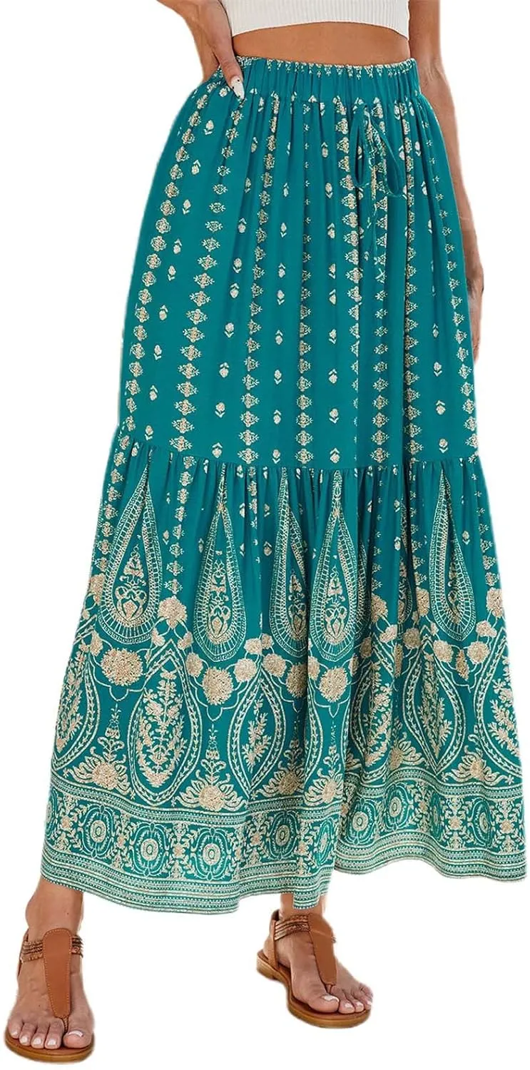 Maxi Skirts for Women Casual High Elastic Waist Bohemian Graphic Boha Floral Print Long Skirts 2025 Summer Vacation